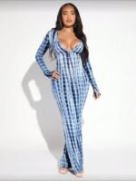 Viral Tie Dye Grid Mermaid Maxi Dress Deep V Long Sleeve Slim Bodycon Vacation Club Dress For Hot Girls - Image 3