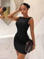 Pearl Backless Mini Dress Women Sleeveless Ruched Waist Bodycon Party Dress Elegant Night Out Cocktail Club Short Dresses - Image 5