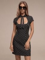 Retro Polka Dot Mini Dress | Tie Neck Cutout Bodycon Short Sleeve Party Dress - Image 2