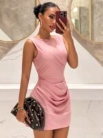 Pearl Backless Mini Dress Women Sleeveless Ruched Waist Bodycon Party Dress Elegant Night Out Cocktail Club Short Dresses - Image 3