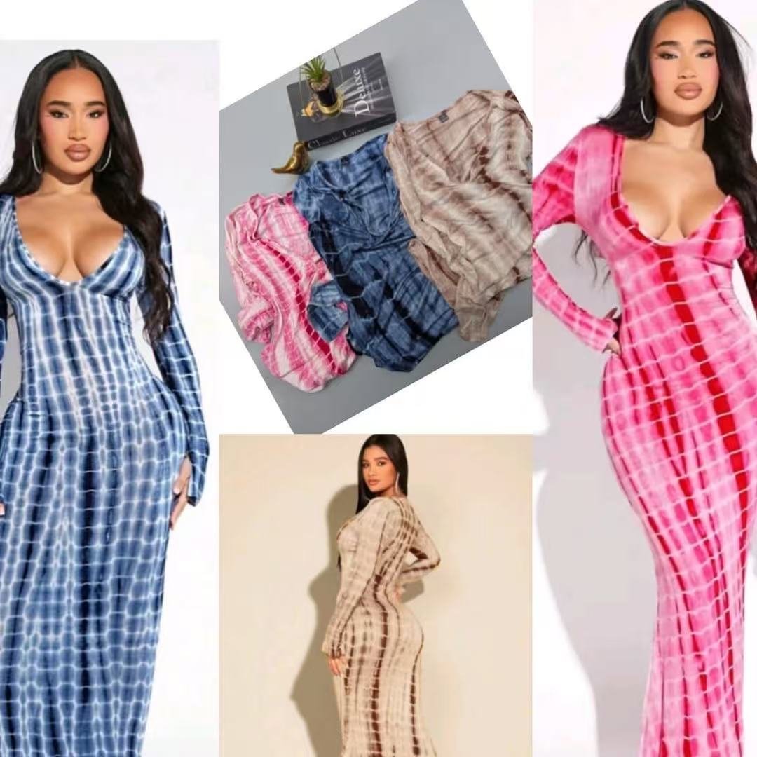 微信图片_20260610234158_741_14 Viral Tie Dye Grid Mermaid Maxi Dress Deep V Long Sleeve Slim Bodycon Vacation Club Dress For Hot Girls - Image 1