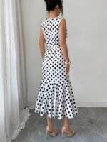 Women Polka Dot Sleeveless V Neck Mermaid Midi Dress Ruched Waist Bodycon Party Dress - Image 5