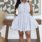 Striped Halter Sleeveless Shirt Dress Drawstring Waist Mini Dress with Pockets Casual Summer Dress