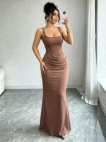 Corset Waist Ruched Bodycon Mermaid Evening Maxi Dress, Elegant Slim Sleeveless Banquet Dress - Image 5