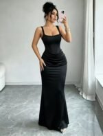 Corset Waist Ruched Bodycon Mermaid Evening Maxi Dress, Elegant Slim Sleeveless Banquet Dress - Image 4