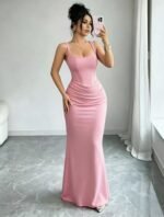 Corset Waist Ruched Bodycon Mermaid Evening Maxi Dress, Elegant Slim Sleeveless Banquet Dress - Image 2