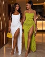 Chic Draped Spaghetti Strap High Slit Maxi Dress Luxury Cocktail Date Night Bodycon Gown