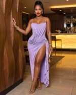 Chic Draped Spaghetti Strap High Slit Maxi Dress Luxury Cocktail Date Night Bodycon Gown - Image 2
