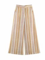 Elegant Striped Slub Linen Two Piece Matching Set One Shoulder Cold Shoulder Ruched Waist Top Wide Leg Pants Casual Summer Holiday Outfit For Women - Image 8