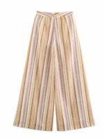 Elegant Striped Slub Linen Two Piece Matching Set One Shoulder Cold Shoulder Ruched Waist Top Wide Leg Pants Casual Summer Holiday Outfit For Women - Image 7