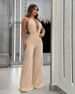 Halter Deep V Neck Backless Wide Leg Jumpsuit Ruched Waist Elegant Evening Party Jumpsuit For Women - Image 2