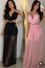Spaghetti Strap Deep V Neck Mesh Maxi Dress Cutout Waist With Gold Metal Decor Sheer Evening Party Dress For Women - Image 2