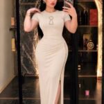 Short Sleeve Bodycon Maxi Dress Pearl Embellished Front Pattern Ruched Waist Side Zipper Slit Long Dress