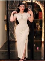 Short Sleeve Bodycon Maxi Dress Pearl Embellished Front Pattern Ruched Waist Side Zipper Slit Long Dress
